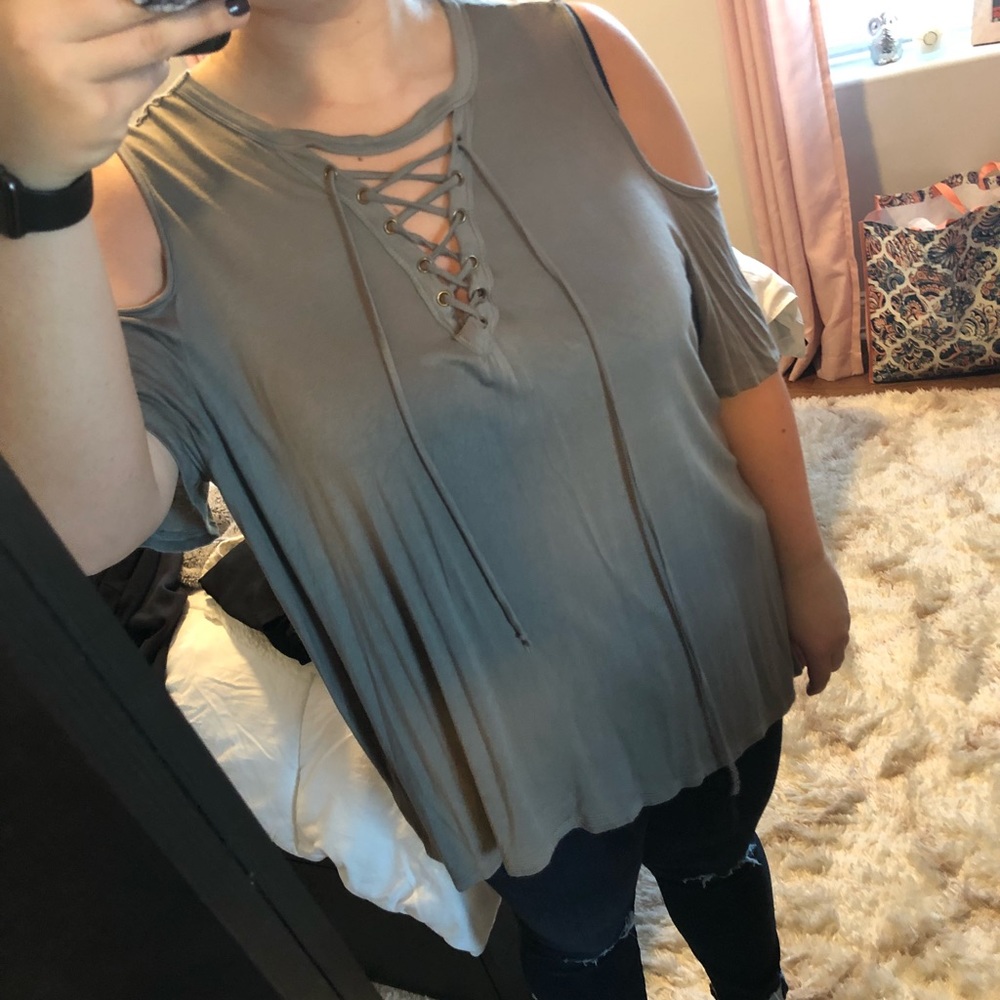 Lace up neck line + cold shoulder top